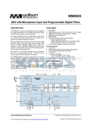 WM8950 datasheet - ADC WITH MICROPHONE INPUT AND PROGRAMMABLE DIGITAL FILTERS