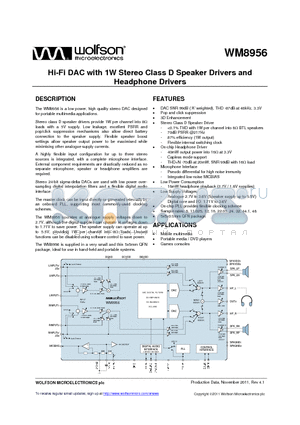 WM8956CGEFL/RV datasheet - Hi-Fi DAC with 1W Stereo Class D Speaker Drivers and Headphone Drivers