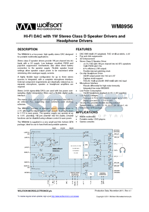 WM8956CGEFL/V datasheet - Hi-Fi DAC with 1W Stereo Class D Speaker Drivers and Headphone Drivers