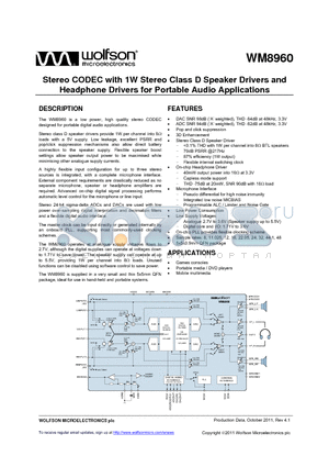 WM8960CGEFL/RV datasheet - Stereo CODEC with 1W Stereo Class D Speaker Drivers and Headphone Drivers for Portable Audio Applications
