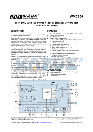 WM8956_07 datasheet - Hi-Fi DAC with 1W Stereo Class D Speaker Drivers and Headphone Drivers