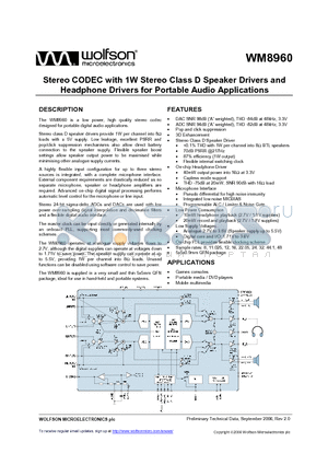 WM8960GEFL/RV datasheet - Stereo CODEC with 1W Stereo Class D Speaker Drivers and Headphone Drivers for Portable Audio Applications