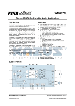 WM8971LGEFL/R datasheet - STEREO CODEC FOR PORTABLE AUDIO APPLLICATIONS