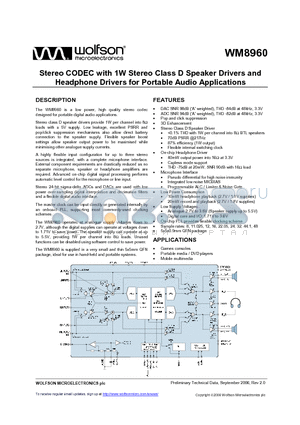 WM8960_06 datasheet - Stereo CODEC with 1W Stereo Class D Speaker Drivers and Headphone Drivers for Portable Audio Applications