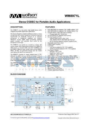 WM8971L datasheet - Stereo CODEC for Portable Audio Applications