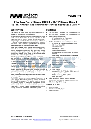 WM8961 datasheet - Ultra-Low Power Stereo CODEC with 1W Stereo Class D Speaker Drivers and Ground Referenced Headphone Drivers