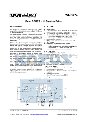 WM8974GEFL/RV datasheet - Mono CODEC with Speaker Driver