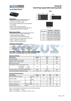 TS4448RZ datasheet - 150mW High Speed SMD Switching Diode