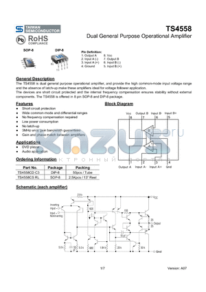 TS4558 datasheet - Dual General Purpose Operational Amplifier