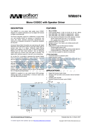 WM8974_07 datasheet - Mono CODEC with Speaker Driver