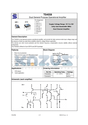 TS4558CD datasheet - Dual General Purpose Operational Amplifier