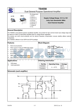 TS4558CD datasheet - Dual General Purpose Operational Amplifier