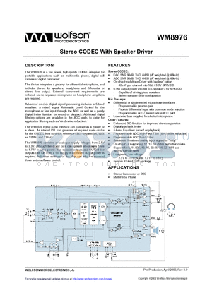 WM8976 datasheet - Stereo CODEC With Speaker Driver