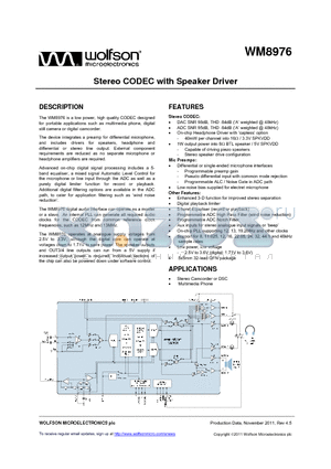 WM8976CGEFL/V datasheet - Stereo CODEC with Speaker Driver