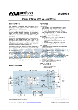 WM8978GEFL/V datasheet - Stereo CODEC With Speaker Driver