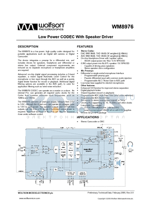 WM8976GEFL/RV datasheet - Low Power CODEC With Speaker Driver