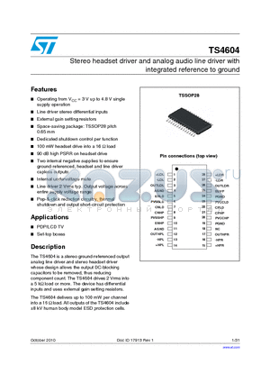 TS4604 datasheet - Stereo headset driver and analog audio line driver with integrated reference to ground