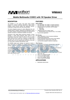WM8983GEFL/RV datasheet - Mobile Multimedia CODEC with 1W Speaker Driver