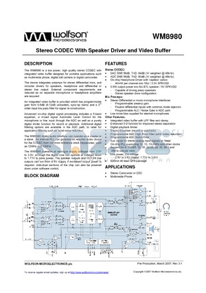 WM8980_07 datasheet - Stereo CODEC With Speaker Driver and Video Buffer