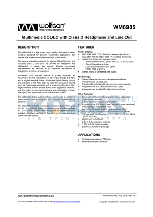 WM8985GEFL/R datasheet - Multimedia CODEC with Class D Headphone and Line Out