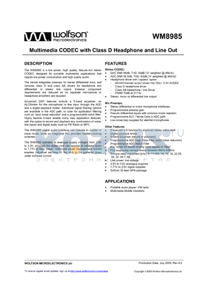 WM8985_09 datasheet - Multimedia CODEC with Class D Headphone and Line Out