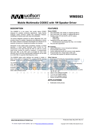 WM8983_10 datasheet - Mobile Multimedia CODEC with 1W Speaker Driver