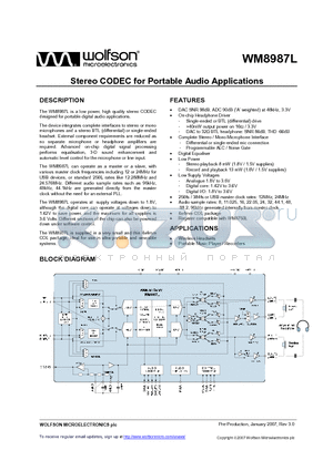 WM8987L datasheet - Stereo CODEC for Portable Audio Applications