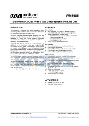 WM8985GEFL datasheet - Multimedia CODEC With Class D Headphone and Line Out