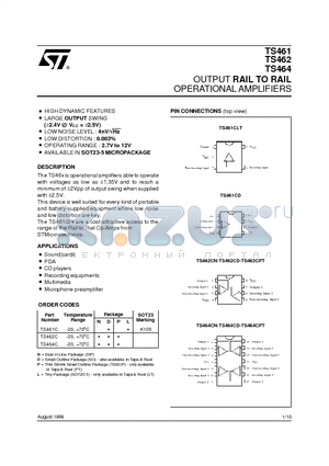 TS462CPT datasheet - OUTPUT RAIL TO RAIL OPERATIONAL AMPLIFIERS