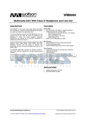 WM8986GECO/V datasheet - Multimedia DAC With Class D Headphone and Line Out