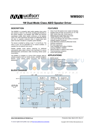 WM9001GEFL/R datasheet - 1W Dual-Mode Class AB/D Speaker Driver