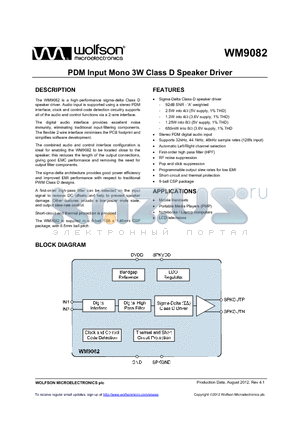 WM9082 datasheet - PDM Input Mono 3W Class D Speaker Driver