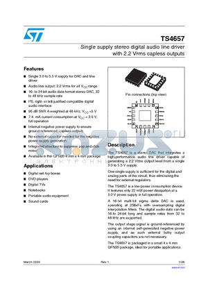 TS4657 datasheet - Single supply stereo digital audio line driver with 2.2 Vrms capless outputs