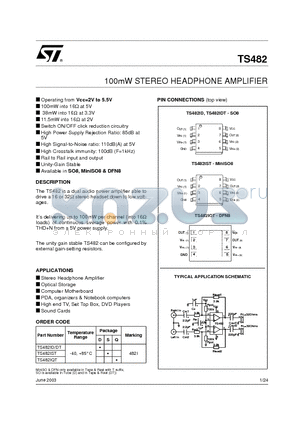 TS482 datasheet - 100mW STEREO HEADPHONE AMPLIFIER