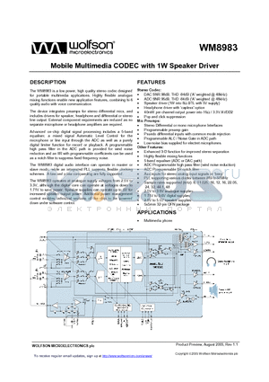 WM8983GEFL datasheet - Mobile Multimedia CODEC with 1W Speaker Driver