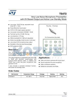 TS472 datasheet - Very Low Noise Microphone Preamplifier with 2V Biased Output and Active Low Standby Mode