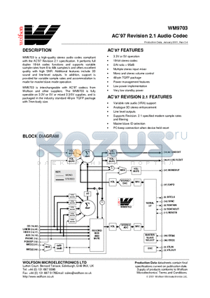 WM9703 datasheet - AC97 Revision 2.1 Audio Codec