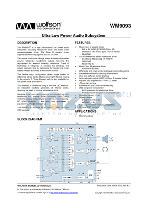 WM9093ECS/R datasheet - Ultra Low Power Audio Subsystem