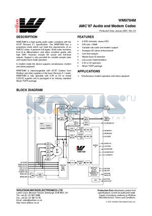 WM9704CFT/V datasheet - AMC97 Audio and Modem Codec