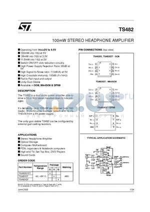 TS482IST datasheet - 100mW STEREO HEADPHONE AMPLIFIER