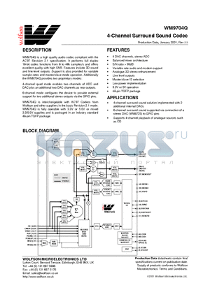 WM9704Q datasheet - 4-Channel Surround Sound Codec