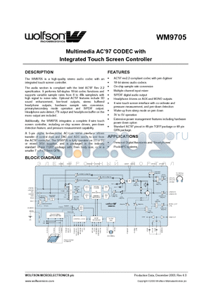 WM9705 datasheet - Multimedia AC97 CODEC with Integrated Touch Screen Controller