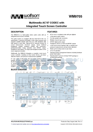 WM9705 datasheet - Multimedia AC97 CODEC with Integrated Touch Screen Controller