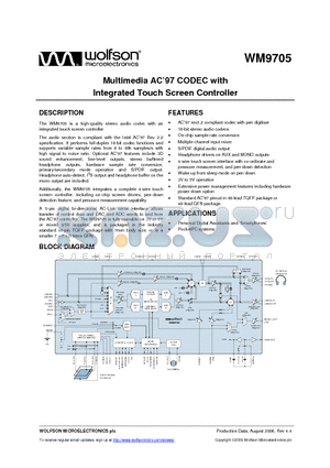 WM9705_06 datasheet - Multimedia AC97 CODEC with Integrated Touch Screen Controller