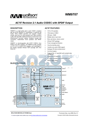 WM9707SCFT/RV datasheet - AC 97 Revision 2.1 Audio CODEC with SPDIF Output