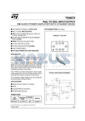 TS4872 datasheet - RAIL TO RAIL INPUT/OUTPUT 1W AUDIO POWER AMPLIFIER WITH STANDBY MODE