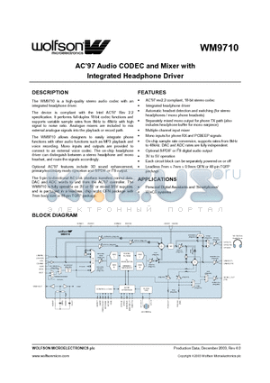 WM9710SEFL/RV datasheet - AC97 Audio CODEC and Mixer with Integrated Headphone Driver