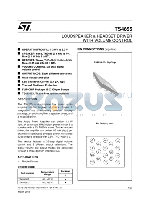 TS4855 datasheet - LOUDSPEAKER & HEADSET DRIVER WITH VOLUME CONTROL