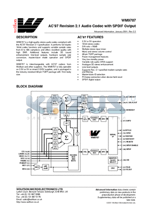 WM9707 datasheet - AC97 Revision 2.1 Audio Codec with Spdif Output