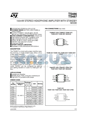 TS487-1 datasheet - 100mW STEREO HEADPHONE AMPLIFIER WITH STANDBY MODE